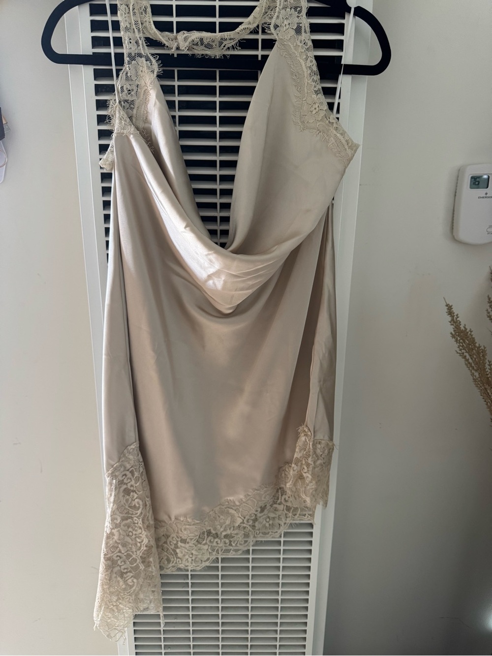 H&M Satin Slip Mini Dress in Champagne Cream with Lace Trim